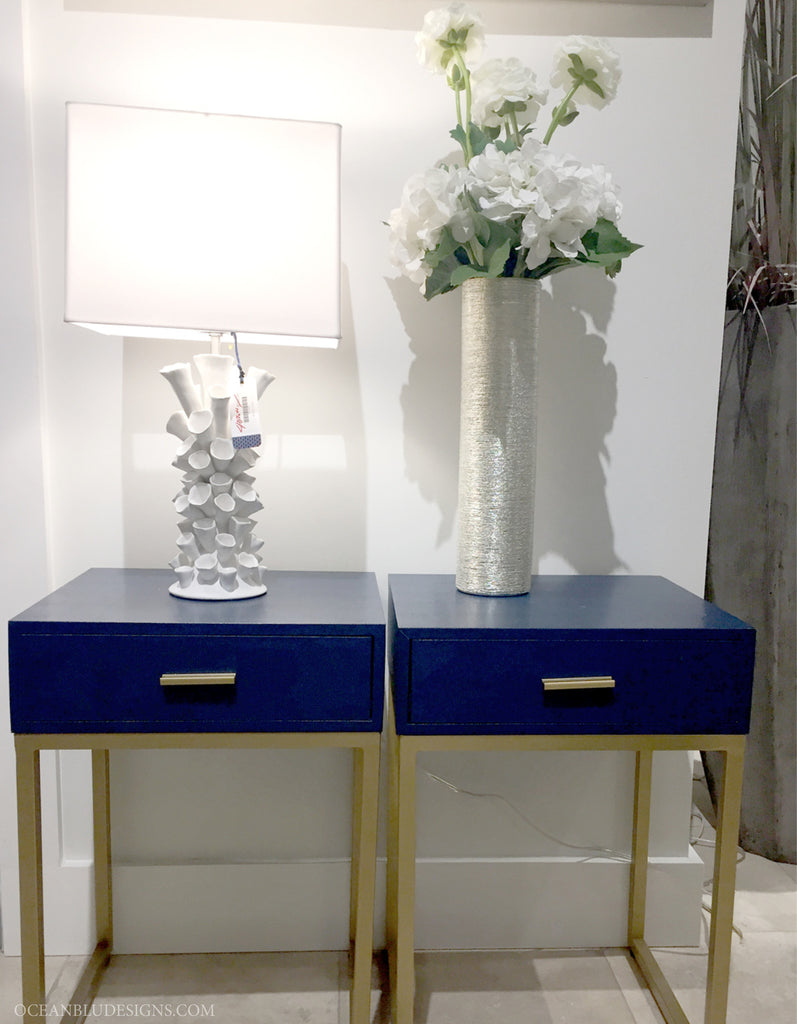 Ocean Blue Side Tables with Coral Accent Lamp | Coastal Accessories