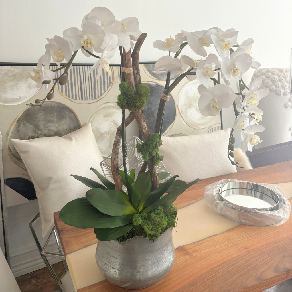 White Orchid in Metal Tin Vase - Large