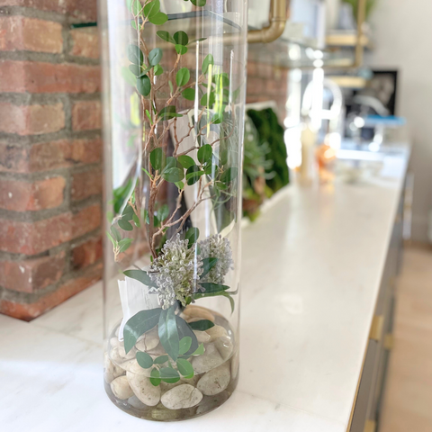Green & Gravels in Glass Vase