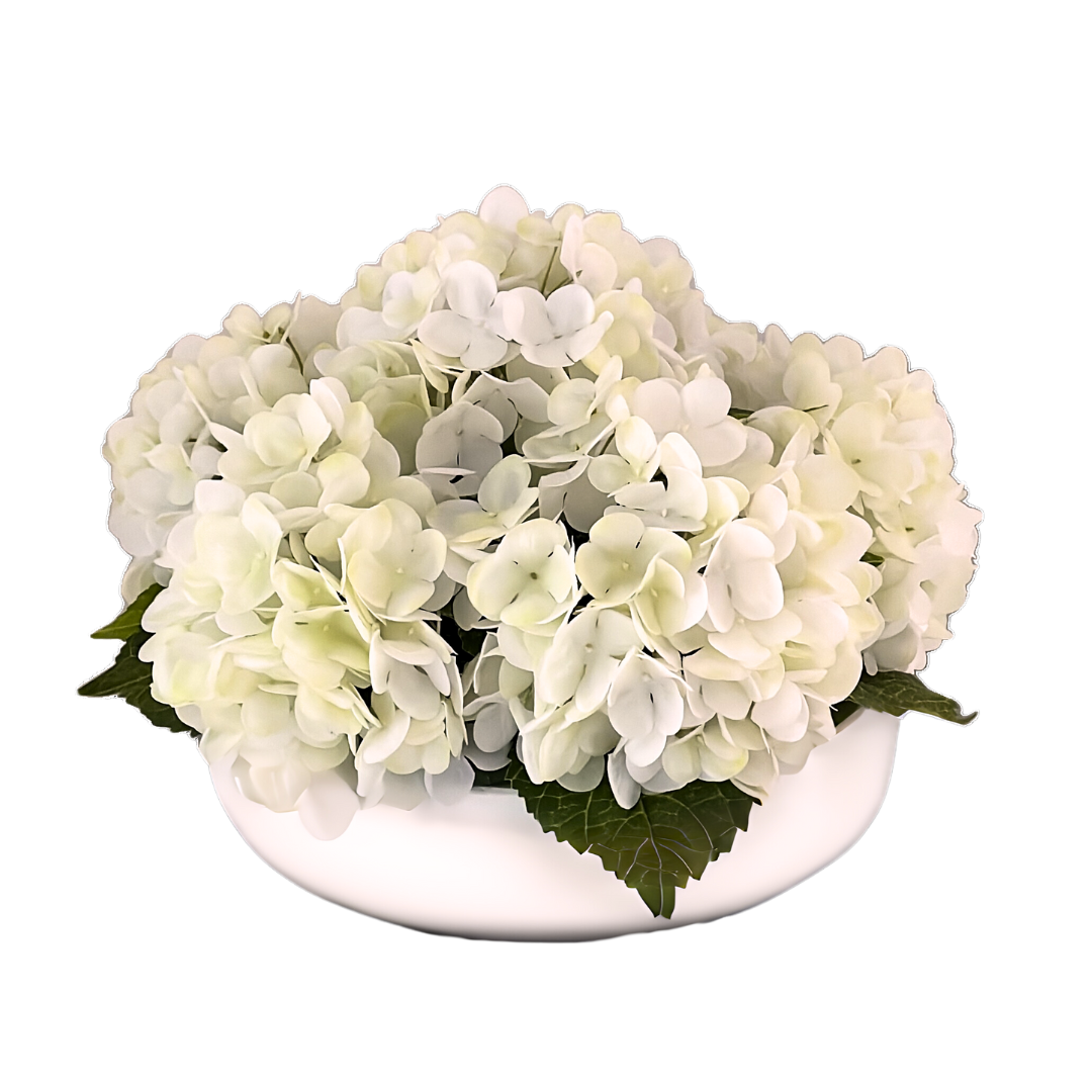 faux hydrangea plant in pot Large White Faux Hydrangea in White Pot – Ocean Blu Designs