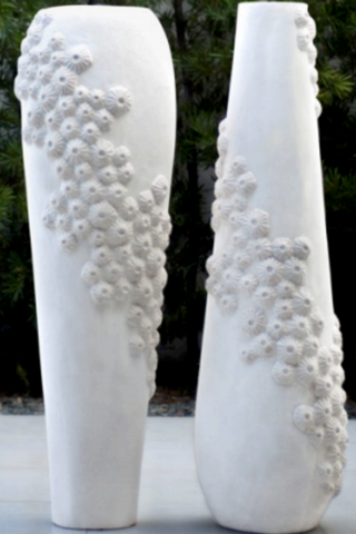 Round Coral Stonecast Decorative Tall Vase / Faux Plant Planter with Large Top Opening